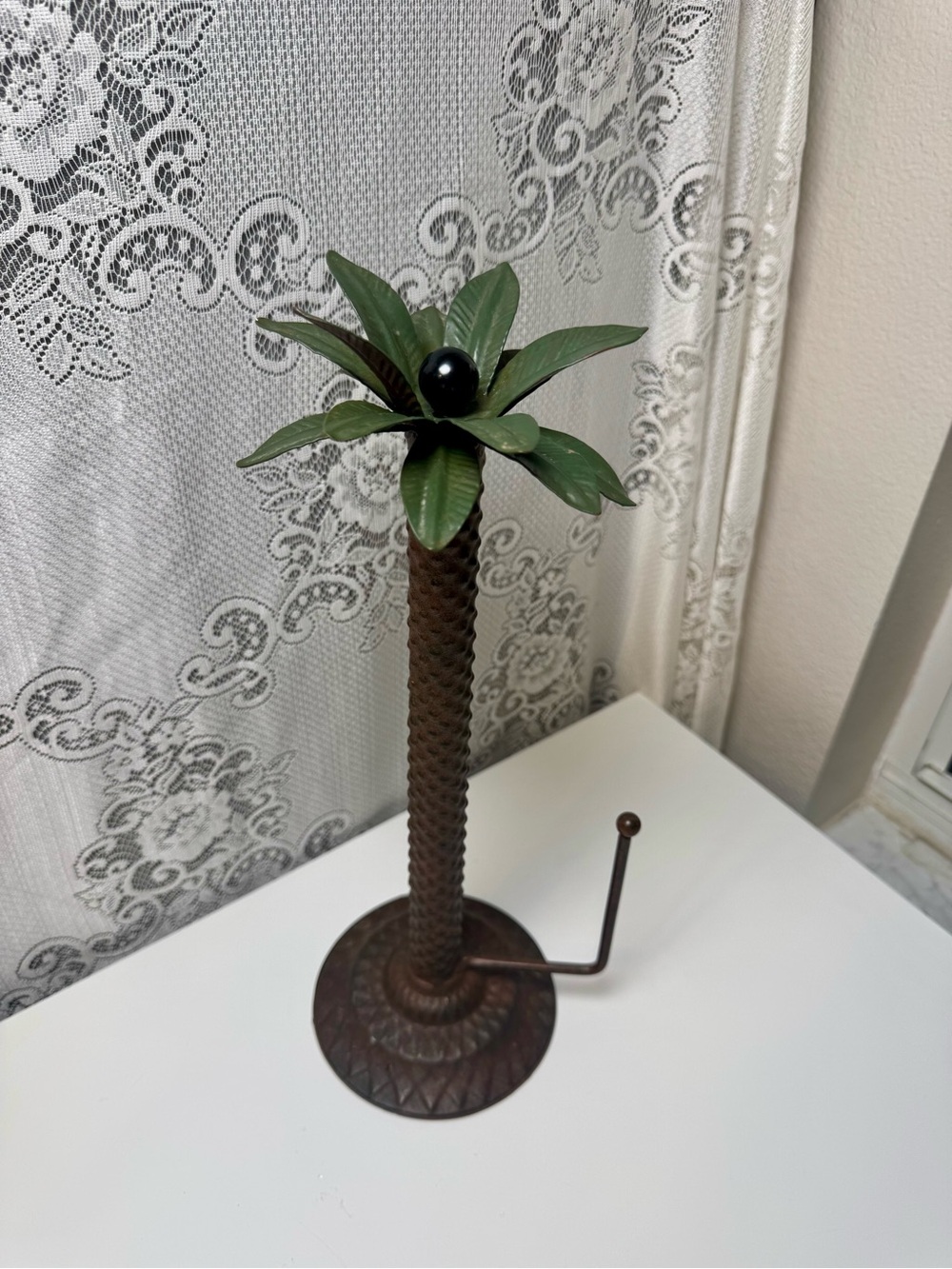 Vintage Cast Iron Palm Tree Paper Towel Holder, Coastal Decor. Removable Top 14”